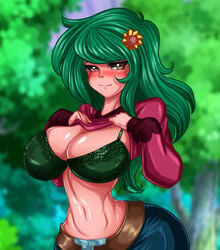 1girls big_breasts blush blushing bra breasts commission equestria_girls female fenrox flashing flower_in_hair friendship_is_magic green_bra green_hair hasbro huge_breasts human humanized long_hair my_little_pony navel outdoors shirt_lift shirt_up sweater voluptuous wallflower_blush_(eg) wide_hips