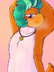 aqua_hair arms_behind_head blue_eyes blush club_penguin_island fluffy fluffy_tail male necklace orange_fur penguin rory tattoo two_tone_fur two_tone_hair