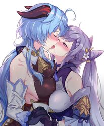 2girls big_breasts blue_hair blush breasts closed_eyes clothing cowbell female female_only ganqing ganyu_(genshin_impact) genshin_impact hair_ornament holding_hands horn keqing_(genshin_impact) kissing multiple_girls negom purple_eyes purple_hair twintails yuri