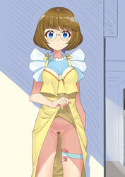 absurdres arm_behind_back blue_eyes blush brown_hair brown_pubic_hair clothed_masturbation clothing cowboy_shot dress dress_lift exhibitionism expressionless eyebrows_visible_through_hair female female_pubic_hair flashing glasses highres huai_diao_de_zongzi ichinose_minori indoors lifted_by_self long_dress looking_at_viewer masturbation no_panties object_insertion precure pretty_cure pubic_hair pussy pussy_juice pussy_juice_drip remote_control_vibrator round_eyewear sex_toy shadow skin_tight small_breasts solo thigh_strap tropical-rouge!_precure unfinished_background vibrator vibrator_in_thigh_strap vibrator_under_clothes yellow_dress