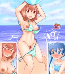 !? 1boy 29nichi 3girls areolae armpits ball beach beachball bikini blood blue_eyes blue_hair blush boobs bra breasts brother_and_sister brown_eyes brown_hair cloud commentary day embarrassed female_pubic_hair innertube inokuma_kouta inokuma_mitsuki inokuma_youko kin-iro_mosaic komichi_aya long_hair medium_breasts medium_hair multiple_girls navel nipples nosebleed nude ocean oerba_yun_fang open_mouth outdoors panties pubic_hair pussy short_hair siblings sisters sky sparkle swimsuit thumbs_up twintails underwear wardrobe_malfunction yuri