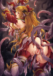 anal anus armor blonde_hair boots bow breast_squeeze breasts broken_armor censored commission granblue_fantasy hairbow highres knee_boots kuragetakos large_breasts long_hair mosaic_censoring nipples pussy red_bow red_shirt sex shirt skeb_commission spread_anus spread_pussy tentacle tentacle_sex thighhighs tied_hair torn_clothes vaginal_penetration vira_lillie