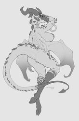 2020 absurd_res anthro anus breasts dragon female genitals hi_res horn jewelry looking_at_viewer looking_back monochrome nipple_piercing nipples non-mammal_breasts piercing pussy raised_tail rear_view scalie serpentine-drifter simple_background solo wings