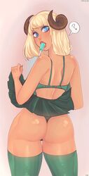 1girls ? ass back_view bangs blonde_hair blue_eyes bra curved_horn female female_only florescentcolo2 green_thighhighs hi_res horns humanoid kait_(skecchiart) looking_at_viewer looking_back medium_hair panties popsicle red_lips skirt skirt_lift solo solo_female thighhighs