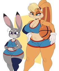 basketball basketball_uniform big_breasts blue_eyes blush bottom_heavy breasts bunny bunny_humanoid clothing cream_body cream_fur crossover disney females females_only flat_chest flat_chested gray_body gray_fur judy_hopps lagomorph lagomorph_humanoid large_breasts leporid leporid_humanoid lola_bunny long_hair looney_tunes purple_eyes shorts shortstack space_jam space_jam:_a_new_legacy sssonic2 thick_thighs warner_bros wide_hips zootopia