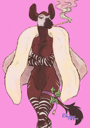 2021 anthro arms_under_breasts beastars black_nose bottomless breasts brown_body brown_fur clothed clothing coat coat_only cosmo_(beastars) crossed_arms female fur fur_coat genitals giraffid legband looking_at_viewer mammal money mostly_nude multicolored_body multicolored_fur navel nipples nude okapi pinup pose prostitution pussy signature smoke smoking_pipe solo standing striped_body striped_fur stripes thorso_the_vile topwear topwear_only two_tone_body two_tone_fur white_body white_fur white_stripes