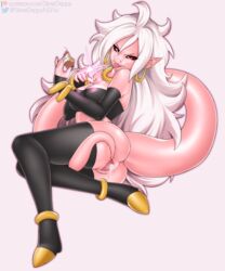 1girls 2010s 2020 android_21 ass black_sclera breasts dark_persona dragon_ball dragon_ball_fighterz female food genitals hair holding_food holding_muffin holding_object humanoid humanoid_pointy_ears long_hair majin majin_android_21 monster_girl muffin pink_body pink_eyes pink_skin pointy_ears presenting presenting_pussy pussy red_eyes simple_background slimedrippy smile solo tail tongue tongue_out white_background white_hair