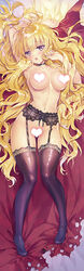 black_legwear blonde_hair blush boots breasts carnelian censored choker cloak cross-laced_footwear dakimakura_(medium) female garter_belt garter_straps heart heart_censor lace-up_boots lace_garter_belt lilith_(yamibou) long_hair looking_at_viewer lying medium_breasts navel purple_eyes solo thighhighs very_long_hair wavy_hair yami_to_boushi_to_hon_no_tabibito