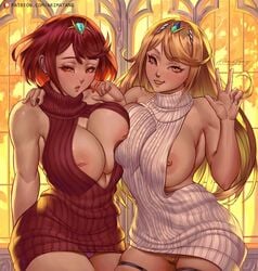 2girls areolae arimatang arm_behind_back artist_name asymmetrical_docking bangs bare_shoulders blonde_hair breast-to-breast breast_press breasts cowboy_shot dress eyebrows_visible_through_hair female grin half-closed_eyes hand_on_another's_shoulder headwear high_resolution huge_breasts inverted_nipples large_areolae long_hair medium_hair multiple_girls mythra nintendo nipple_slip nipples one-armed_hug open_mouth orange_eyes pantsu patreon_username peace_sign pink_panties pose pyra red_hair red_nails red_shirt shirt signature sleeveless sleeveless_turtleneck smile sweater swept_bangs teeth thighs tiara turtleneck underwear w white_shirt xenoblade_(series) xenoblade_chronicles_2 yellow_eyes yellow_panties