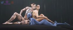 3d 3girls alien alien_girl asari bite biting_ear blender blue_skin female female_only human jack_(mass_effect) liara_t'soni lucidarts3d mass_effect miranda_lawson pale-skinned_female photo photoshoot pose posing tattoo tattoos