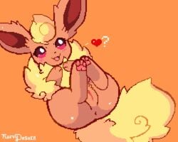 ass cute_expression digital_media_(artwork) eeveelution female feral flareon fluffy fluffy_tail fluffydasher genitals heart hindpaw low_res neck_tuft nintendo pawpads paws pixel_art pokémon_(species) pokemon pokemon_(species) presenting pussy simple_background solo tuft video_games