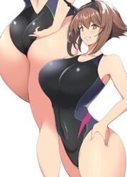 belly belly_button big_ass big_breasts brown_hair curvy glistening glistening_body glistening_skin happy kantai_collection kloah mutsu_(kantai_collection) one-piece_swimsuit smile swimsuit thick thick_thighs thin thin_waist tight tight_clothes tight_clothing tight_fit voluptuous