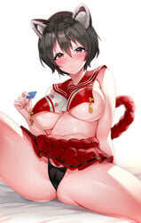 allied_hyakkiyako_academy_student animal_ears black_hair black_panties blue_archive blush breasts brown_eyes cameltoe cleft_of_venus closed_mouth condom condom_wrapper eyebrows_visible_through_hair female hair_between_eyes highres holding holding_condom inner_discipline_club_(blue_archive) large_breasts looking_at_viewer navel panties picter red_sailor_collar red_skirt rope sailor_collar shimenawa short_hair simple_background sitting skirt smile solo spread_legs tsubaki_(blue_archive) underboob underwear white_background