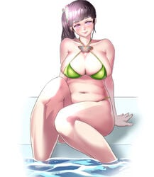 big_breasts bikini butterfly butterfly_hair_ornament cleavage dark_hair demon_slayer female female_only green_bikini huge_breasts kimetsu_no_yaiba looking_at_viewer micro_bikini plump ponytail pool purple_eyes side_ponytail sitting smile solo swimsuit tsuyuri_kanao voluptuous zippio95