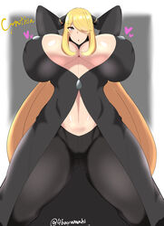 1girls alternate_breast_size ayamahi big_breasts blonde blonde_female blonde_hair breasts breasts_bigger_than_head curvaceous curvy_figure cynthia_(pokemon) eye_contact female hair_ornament huge_breasts large_breasts long_hair looking_at_viewer mature_female nintendo pants pokémon pokemon pokemon_champion pokemon_dppt pose small_head solo standing thick_thighs thighs voluptuous