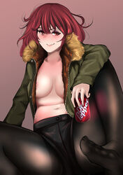 absurdres black_legwear black_shorts blush borrowed_character breasts brown_background brown_hair can dr_pepper female freckles fur_trim green_jacket highres holding holding_can jacket legs_crossed long_sleeves looking_at_viewer medium_breasts medium_hair navel no_bra open_jacket orange_eyes original pantyhose plump rain_prophet shorts simple_background smile soda_can thighs