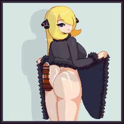 1boy 1girls animated ass big_ass big_breasts blonde_hair blue_eyes bouncing_ass breasts buttjob censor_bar censored champion cum cum_on_ass cynthia_(pokemon) ejaculation favorite female gif hair_ornament human long_hair looking_back mature_female nintendo penis pixel_art pokemon pokemon_dppt raccoon_(potesara) smile standing thick_ass transparent_body uncensor_request