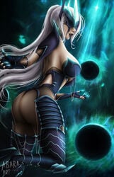 abara-art big_ass black_lipstick league_of_legends pantyhose ruined_king_symbol runny_makeup syndra tagme white_hair