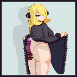 1boy 1girls animated ass big_ass big_breasts blonde_hair blue_eyes bouncing_ass breasts buttjob censor_bar censored champion cum cum_in_condom cynthia_(pokemon) ejaculation female gif hair_ornament human long_hair looking_back male male/female mature_female nintendo outercourse penis pixel_art pokemon pokemon_dppt raccoon_(potesara) sex smile standing straight thick_ass transparent_body uncensor_request