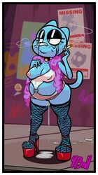 anthro blue_body blue_fur bodily_fluids border breasts cartoon_network cum cum_drip domestic_cat dripping felid feline felis female fishnets fourball fur furry genital_fluids high_heels highres mammal mature_anthro mature_female nicole_watterson platform_heels pregnant prostitution smoking solo the_amazing_world_of_gumball white_border