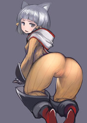 animal_humanoid ass boots cat_humanoid clothing felid felid_humanoid feline feline_humanoid female footwear grey_hair hair hi_res humanoid johan_(johan13) looking_at_viewer looking_back mammal mammal_humanoid nia nia_(xenoblade) nintendo rear_view simple_background solo wide_hips xenoblade_(series) xenoblade_chronicles_2 yellow_clothing