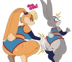 2girls ass ass_slap backboob basketball basketball_uniform big_ass big_breasts blue_eyes blush bottom_heavy breasts bubble_ass bubble_butt bunny bunny_humanoid clothing cream_body cream_fur crossover crossover_pairing crouching dialogue disney eyelashes fat_ass female females females_only flat_chest flat_chested fur furry gray_body gray_fur green_eyes huge_ass judy_hopps lagomorph lagomorph_humanoid large_ass large_breasts larger_female leporid leporid_humanoid lola_bunny long_hair looney_tunes purple_eyes shorts shortstack size_difference slap smaller_female space_jam space_jam:_a_new_legacy sssonic2 thick_ass thick_thighs warner_bros warner_brothers wide_hips zootopia