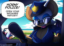 1girls anthro bat_wings big_breasts breasts cleavage english_text furry glasses horny_police huge_breasts large_breasts looking_over_eyewear looking_over_glasses looking_over_sunglasses meme omegasunburst police police_hat police_uniform policewoman pov rouge_the_bat solo solo_female solo_focus sonic_(series) speech_bubble sunglasses tinted_eyewear wings