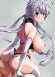 1boy ahoge amasora_taichi ass bangs blush breasts censored cowgirl_position elbow_gloves female gloves hair_ornament hair_scrunchie large_breasts leotard leotard_aside light_purple_hair long_hair looking_at_viewer low_twintails mosaic_censoring nipples open_mouth penis pink_leotard purple_eyes reverse_cowgirl_position scrunchie senki_zesshou_symphogear sex simple_background solo_focus straddling straight thighhighs twintails vaginal_penetration white_gloves white_legwear yukine_chris