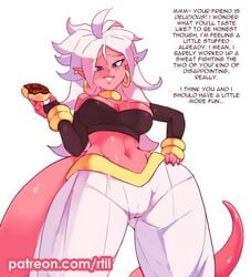 1girls 2010s android_21 android_21_(good) before_sex big_breasts blue_eyes breasts cleavage_cutout clothing comic dragon_ball dragon_ball_fighterz english_text female female_only femdom humanoid image_set light_persona long_hair majin majin_android_21 pink_skin pointy_ears rtil speech_bubble straight tagme tail text white_hair