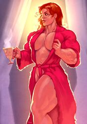 bathrobe breasts busty cup extreme_muscles female glasses green_eyes janrock milf muscles muscular_female navel pink_bathrobe red_hair solo thick_thighs