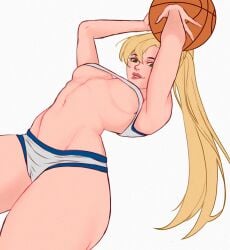 1girls basketball blonde_female blonde_hair green_eyes humanized jumping lola_bunny looney_tunes pufikn space_jam sports_bikini sportswear underboob