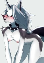 1girls angry anthro black_nose blush canid canid_demon collar demon ear_piercing eyebrows eyelashes grey_body grey_fur grey_hair hair hellhound helluva_boss looking_at_viewer loona_(helluva_boss) multicolored_body multicolored_fur nipples notched_ear piercing pink_nipples pussy red_sclera robunii spiked_collar spikes vivienne_medrano white_body white_eyes white_fur white_inner_ear