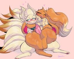 <3_eyes absurd_res ambiguous_gender anthro big_ears blush bulge canid canine duo eevee eeveelution feral fox fur furry genital_outline green_eyes heart hi_res kazzypoof_(character) male mammal multi_tail ninetales nintendo penis_outline pokémon_(species) pokemon pokemon_(species) scarf sex thigh_sex uromatsu video_games yellow_body yellow_fur