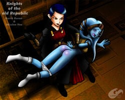 2girls blue_skin color el_manto_negro female female_only human interspecies knights_of_the_old_republic mission_vao multiple_girls naughty red_ass revan rule_63 sith spanking star_wars star_wars:_knights_of_the_old_republic twi'lek yuri