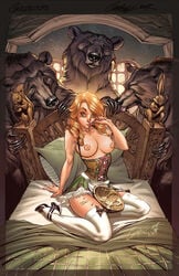 baby_bear bear bed bedding bedroom black_shoes blonde blonde_hair blue_eyes bodice bowl breasts breasts_out brown_fur corset dirndl eating fairy_tale_fantasies fairy_tales freckles goldilocks goldilocks_and_the_three_bears grimms&#039;_fairy_tales heels j_scott_campbell light_skin long_heels mama_bear nipples papa_bear petticoat photoshop spoon tracht ursid ursine white_legwear white_stockings white_thighhighs