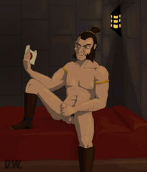 1boy admiral_zhao artist_request avatar_legends avatar_the_last_airbender bed fire_nation holding_object human indoors male male_only masturbation mostly_nude on_bed penis pubic_hair sitting solo straight_hair tan_skin