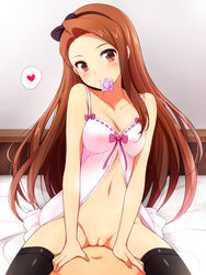 1boy black_legwear blush bow brown_eyes brown_hair chemise condom condom_in_mouth cowgirl_position female hairband heart highres idolmaster kuruto long_hair minase_iori mouth_hold navel on_bed pussy smile solo_focus spoken_heart straddling thighhighs uncensored