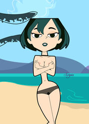 black_panties green_hair gwen_(tdi) human human_only panties scorpia straight_hair tagme topless total_drama_island wet_panties