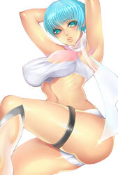 1girls aoi_yume arms_up blue_eyes blue_hair breasts erect_nipples female female_only highres large_breasts midriff scarf see-through short_hair solo thigh_band thigh_strap tomohide wingman yume_aoi