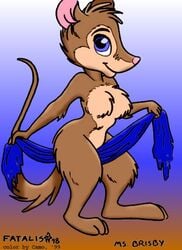 1990s 1998 1999 20th_century anthro blue_eyes breasts fatalis female female_only gradient_background holding_object looking_aside looking_at_viewer mrs._brisby nude secret_of_nimh side_view smile solo standing tagme