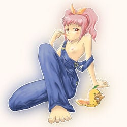 1girls anya_alstreim bad_feet barefoot code_geass death eating feet female female_only flat_chest food fruit hair_ribbon holding holding_fruit mask naked_overalls nipple_slip nipples orange overalls pink_hair red_eyes ribbon solo