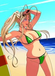 1girls antenna_hair armpits arms_up beach belldandy bikini blue_eyes breasts brown_hair facial_markings female garakuta-ya glasses goddess large_breasts lipstick long_hair oh_my_goddess! pale-skinned_female pale_skin smile solo sunglasses sunglasses_on_head swimsuit thick_thighs wide_hips