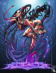 1girls bayonetta bayonetta_(character) black_hair black_nails chains feet glasses long_hair magic nail_polish red_ribbon ribbon sega toes very_long_hair wicked_weave witch