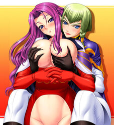 blue_eyes blush braid breast_grab breast_squeeze breasts code_geass code_geass:_lost_colors cornelia_li_britannia female green_hair groping_from_behind huge_breasts knights_of_the_round large_breasts long_hair miyagi_yasutomo mound_of_venus multiple_girls no_panties nonette_enneagram purple_hair yuri