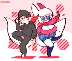 anthro bandaged_hand blue_eyes boots cleavage dewbber duo ear freak furry game gloves hair hat nintendo pokemon pokemon_(species) shoes short_jeans sneakers sweater tail tails zangoose