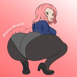 1girls ass ass_shake back_view big_breasts froglord_(artist) girls_und_panzer huge_ass looking_back pantyhose pink_hair rosehip short_hair simple_background smiling solo squatting twerking