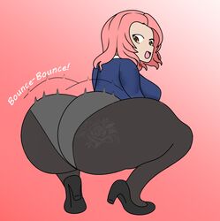 1girls ass ass_shake back_view big_breasts froglord_(artist) girls_und_panzer huge_ass looking_back pantyhose pink_hair pink_tattoo rosehip short_hair simple_background smiling solo squatting tattoo tattoo_on_butt twerking