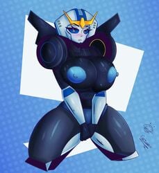 1girls armor big_breasts big_nipples black_skin blue_eyes blue_nipples blush breast_press breasts breasts_out cleavage exposed_breasts female female_only helmet hips huge_breasts kneeling large_breasts looking_at_viewer nipples robot robot_girl simple_background solo solo_female strongarm_(transformers) thick thick_ass thick_thighs thighs tr_yithaz transformers transformers_robots_in_disguise_(2015) wide_hips