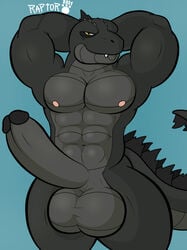 1boy balls big_balls biped dinosaur dragon erection genitals godzilla godzilla_(series) humanoid hyper hyper_genitalia kaiju looking_at_viewer male male/male male_only monster monsterverse muscular muscular_humanoid muscular_male nipples penis raptorart reptile scalie simple_background smile solo