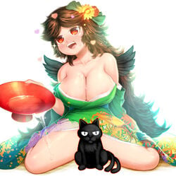 1boy alcohol alternate_costume animal areola_slip areolae bangs bare_shoulders big_breasts bird_wings black_wings bow breasts brown_hair cleavage collarbone commentary_request cup drink drooling drunk eyebrows_visible_through_hair feline floral_print flower full_body hair_flower hair_ornament hairbow hand_up heart holding holding_cup huge_breasts japanese_clothes kimono large_breasts long_hair looking_at_viewer looking_to_the_side multiple_tails off-shoulder_kimono open_mouth parted_bangs print_kimono red_eyes rin_kaenbyou rin_kaenbyou_(cat) sakazuki sake sitting smile spilling spread_legs sweat tail touhou utsuho_reiuji very_long_hair wariza wet wings yonaki